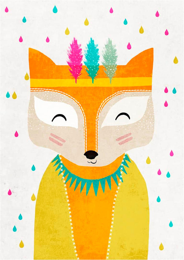 Smiling fox in a yellow outfit with colorful feathers and raindrops, featured on The Rainmaker product page.