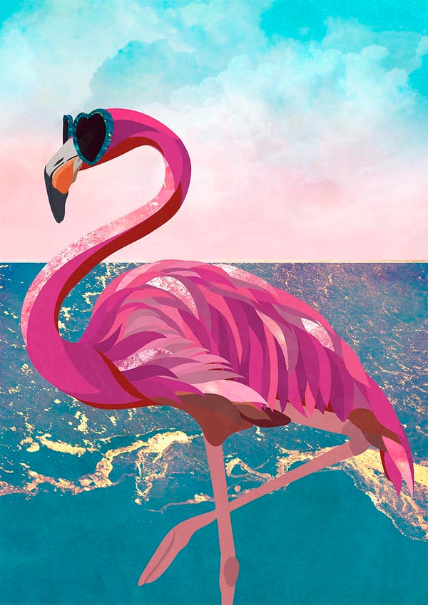 Illustration of a pink flamingo wearing sunglasses, standing by the seaside under a blue sky.