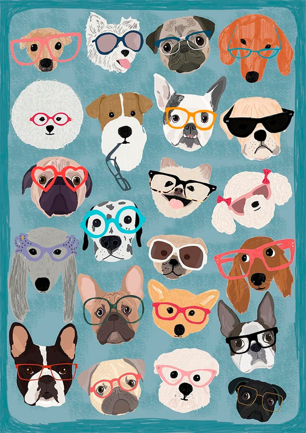 Illustration of various dog breeds wearing colorful glasses, featured on the Puzzle Dogs In Glasses product page.