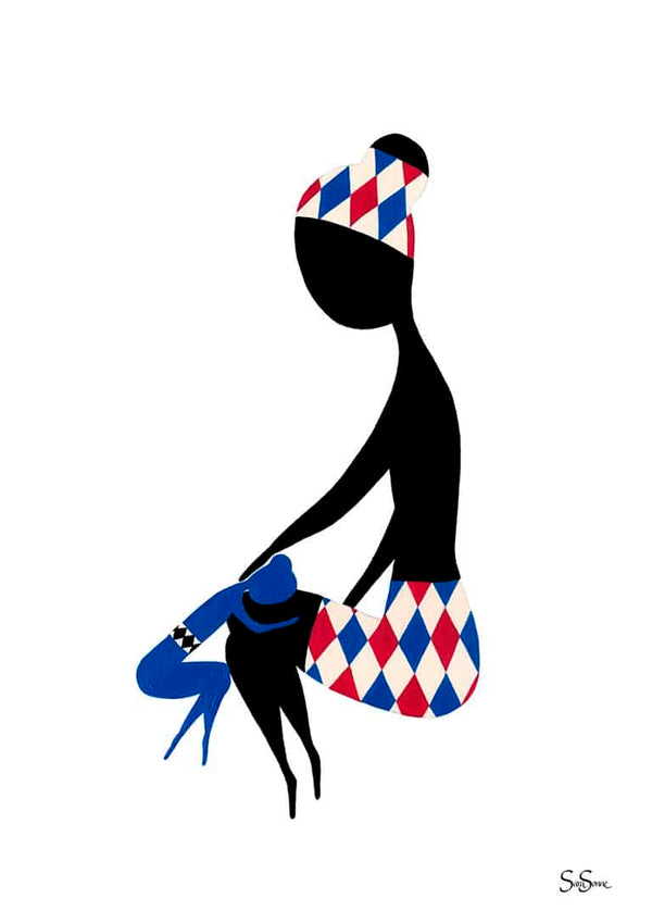 Minimalist artwork of a seated woman in a diamond-patterned outfit, featured on Sara Sonne - Breathe product page.