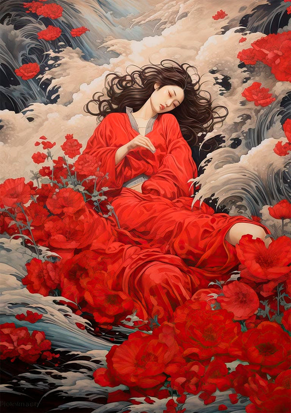 Woman in a flowing red dress surrounded by vibrant red roses, inspired by Love N Roses - David Wolf.