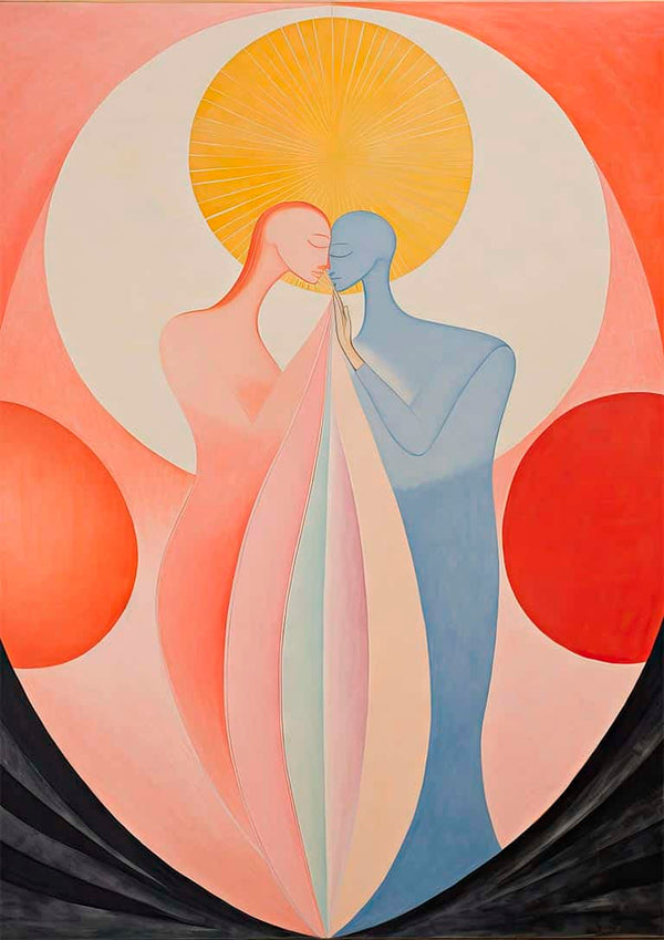 Abstract art of two figures in soft pink and blue sharing a kiss, surrounded by radiant circles and flowing shapes.