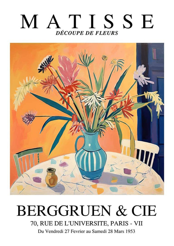 Colorful cut-out style flowers in a blue-striped vase on a round table, inspired by Matisse artwork.