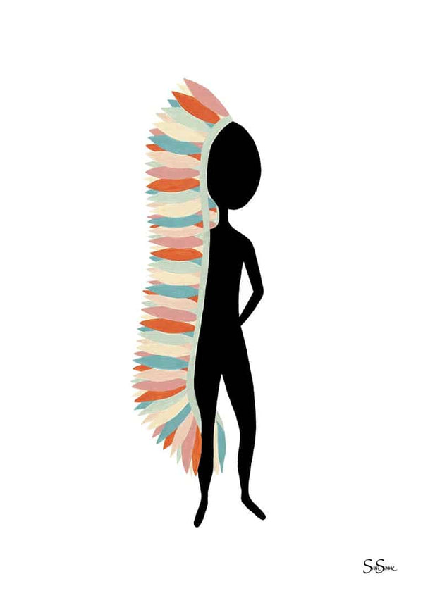 Minimalist figure with colorful feathered headdress from Sara Sonne's Wisdom collection on a white background.