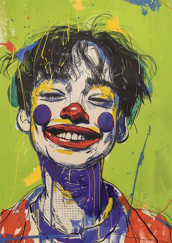 Colorful, expressive illustration of a smiling clown with face paint on a green background. Cover art for Whatever You Want.