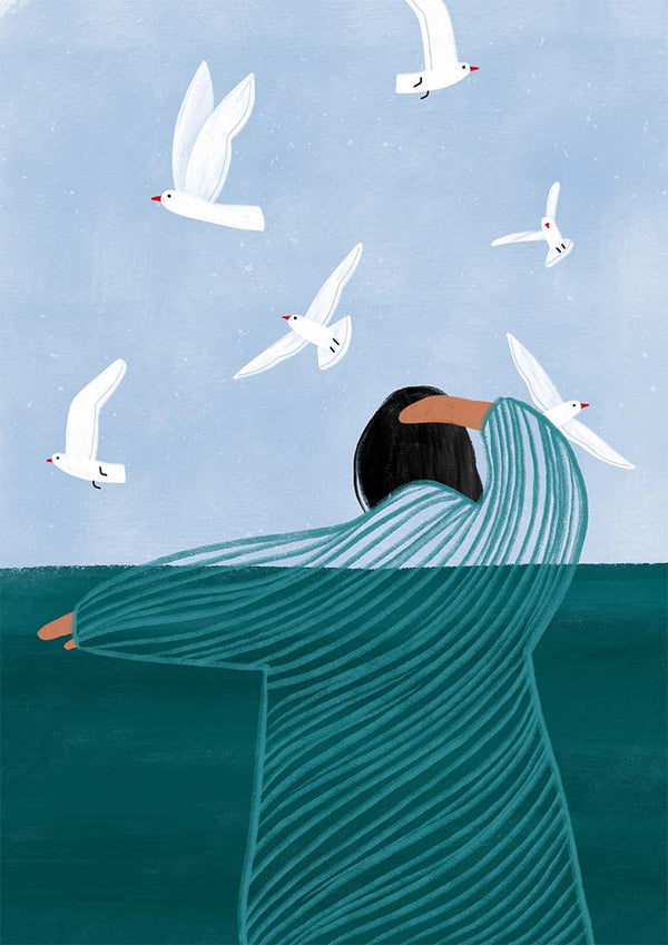 Illustration of a person in a striped robe by the sea, watching seagulls fly under a blue sky.