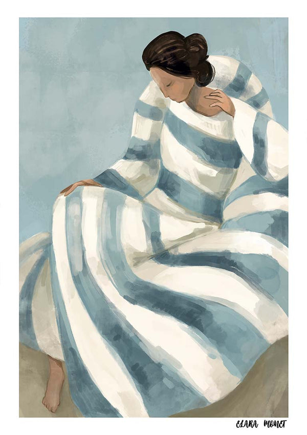 Art print of a woman in a flowing striped dress, seated and looking down; Cherish by Elara Monet.