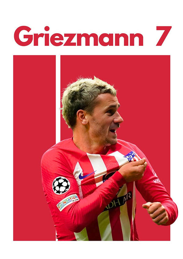 Antoine Griezmann celebrating in Atletico Madrid kit with number 7 on a red football poster.