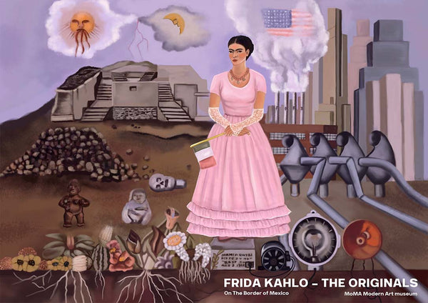 Frida Kahlo stands in a pink dress between ancient ruins and factories with symbolic plants and smoke-filled skies.