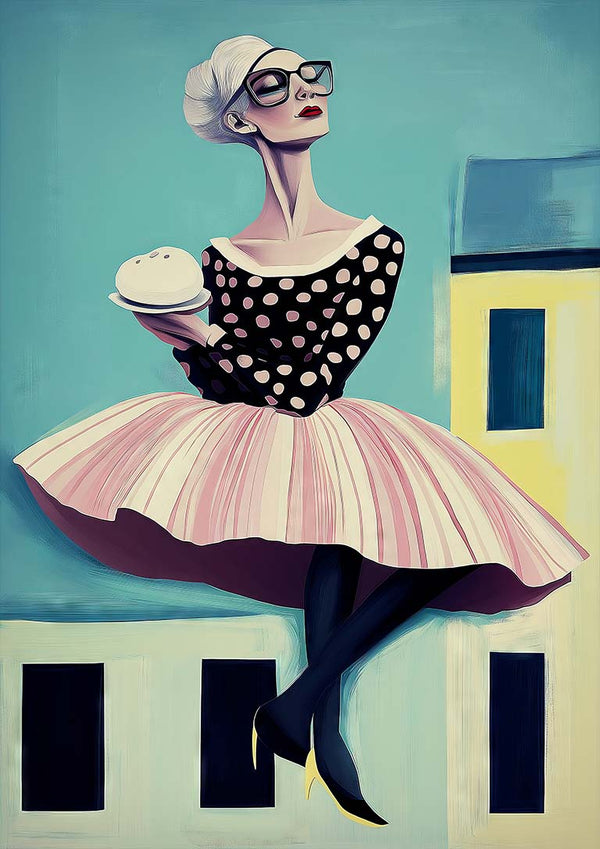 Stylized woman in polka-dot top and pink skirt holding a bun, seated against geometric house shapes; It's My House cover.
