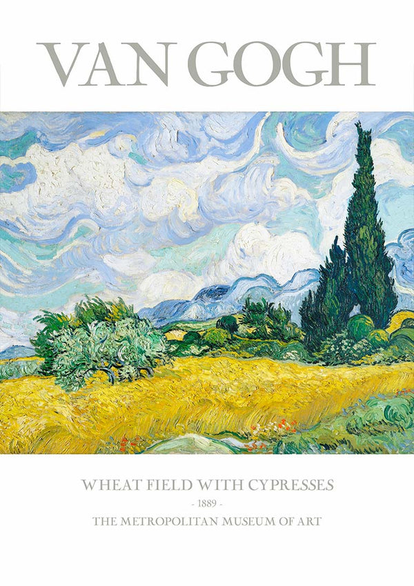 Van Gogh’s “Wheat Field with Cypresses” features golden fields, green cypress trees, and swirling blue sky.