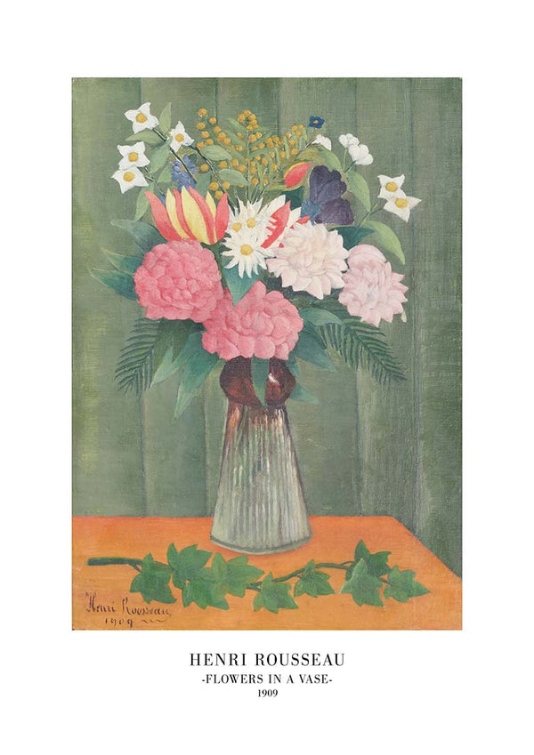Bouquet of colorful flowers in a glass vase, painted by Henri Rousseau against a green curtain background.