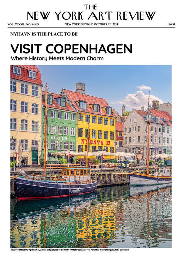 Colorful Nyhavn buildings reflected in the canal, featured on a Copenhagen-themed art review poster.