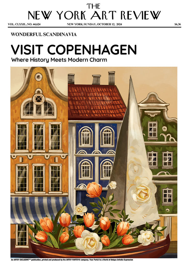 Colorful Copenhagen buildings and flowers on an art print, styled as a New York Art Review magazine cover.