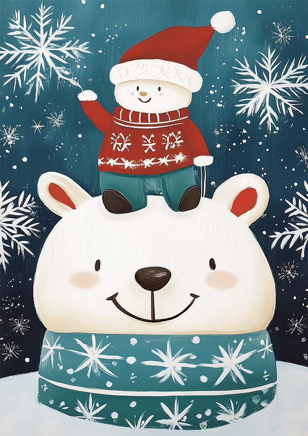 Illustration of a polar bear with a smiling face wearing a festive hat, surrounded by snowflakes for Christmas.