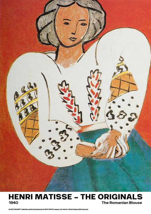 Painting of a woman in a white Romanian blouse with embroidered patterns, inspired by Henri Matisse's style.