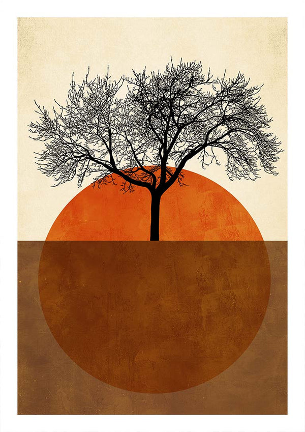 Abstract art print "Sommermorgen" by Boris Draschoff featuring a tree silhouetted over a divided orange circle.