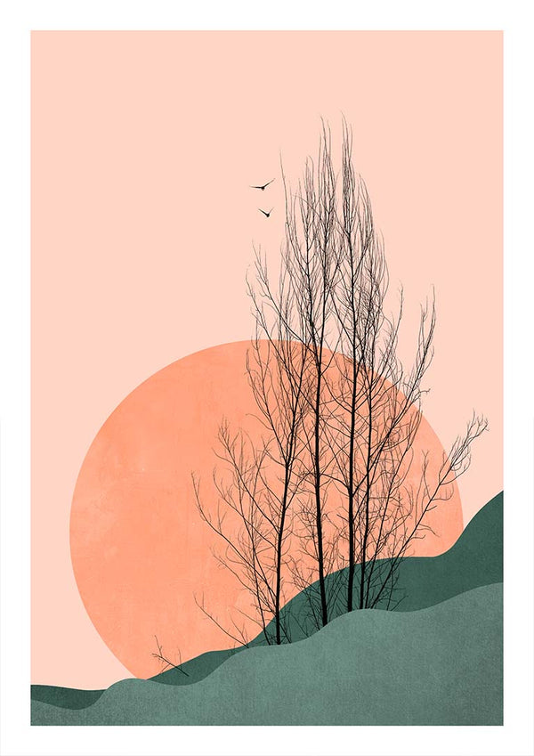 Minimalist artwork of a tree silhouette against an orange sun and green hills, by Boris Draschoff.