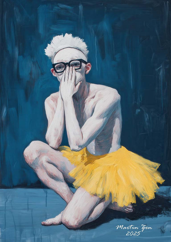 A person in a yellow tutu and glasses crouches on a blue floor, cover­ing their mouth. Art by Martin Zen.