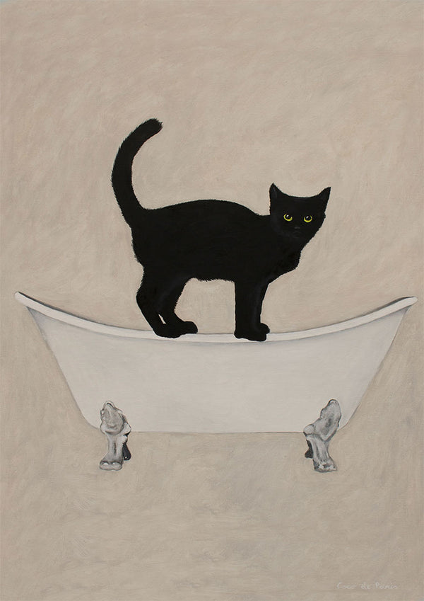 Artwork of a black cat standing on the rim of a white clawfoot bathtub, by Coco de Paris.