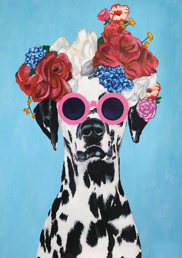 Dalmatian wearing pink sunglasses and a colorful flower crown on a blue background.