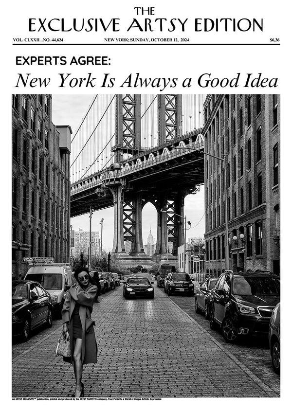 Black and white photo of a woman walking under Manhattan Bridge, featured in New York Always Artsy Edition.