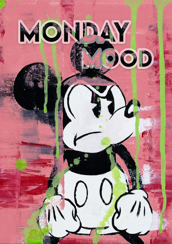 Grumpy cartoon mouse with "Monday Mood" text on a pink, paint-splattered background. Art by Daniel Leo.