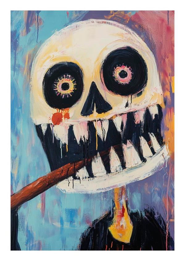 Abstract painting of a skeleton with sharp teeth and wide eyes, holding a cigar in its mouth on the My Cigar product page.
