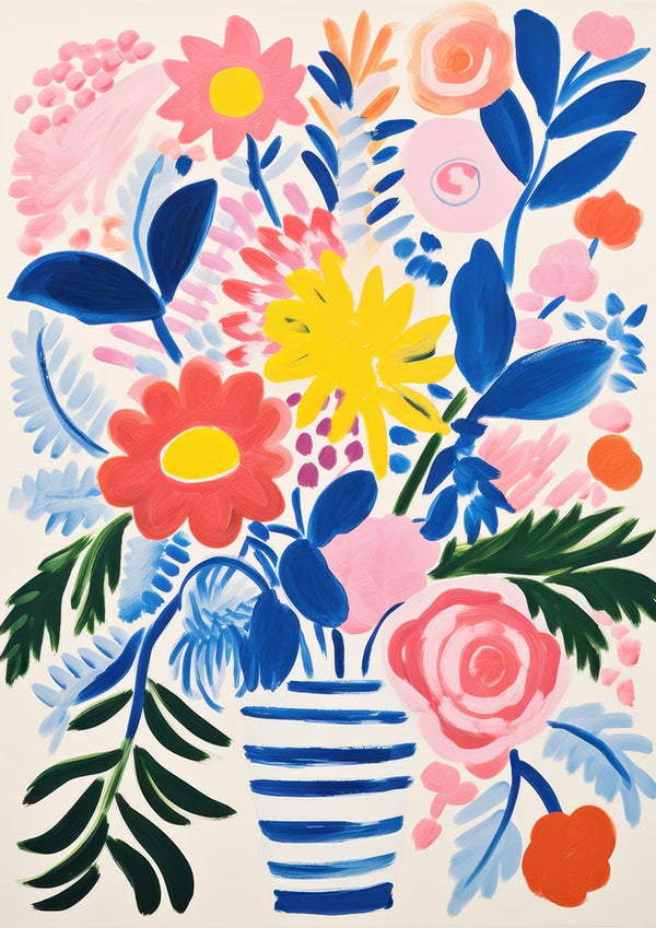 Colorful modern flower arrangement in a striped vase, artwork by David Wolf.