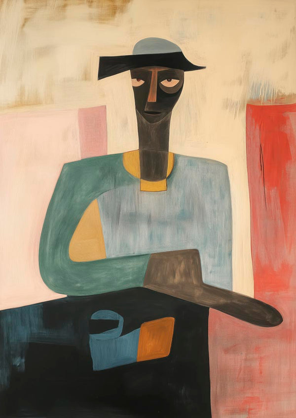 Abstract painting of a seated figure with muted colors, hat, and elongated arms; cover art for Pianoman - Martin Zen.