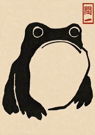 Grumpy Toad II Black by Matsumoto Hoji – round frowning black toad on beige paper