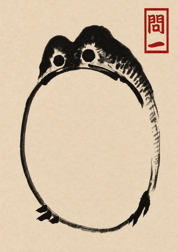 Grumpy Toad III Black by Matsumoto Hoji – open brushstroke toad in black ink on beige paper
