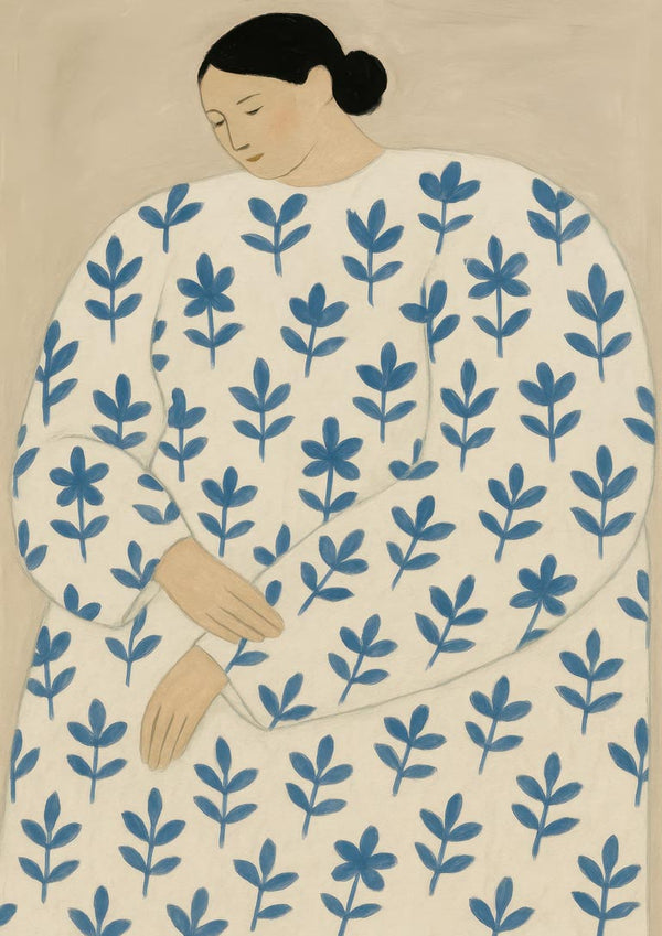 Art print of a woman in a white dress with blue leaf patterns, from Status Quo by Martina Karlsson.