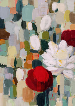 Abstract painting of Christmas flowers with red, white, and green brushstrokes for a festive floral display.