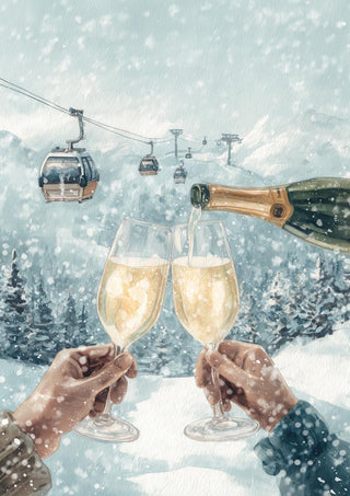Two hands clinking champagne glasses in falling snow with ski gondolas and snowy mountains in the background.