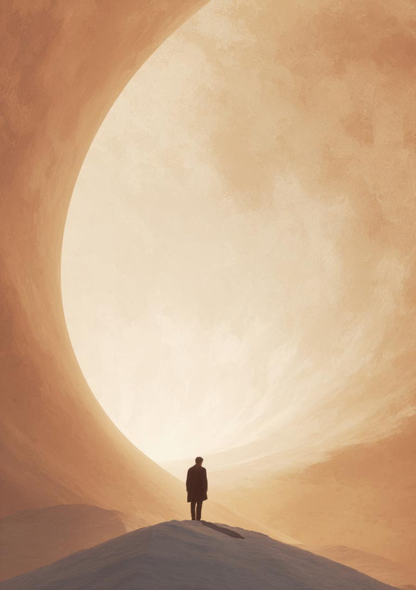 A lone figure stands on a hill beneath a massive glowing orb, evoking introspection and wonder in Deep Thoughts.