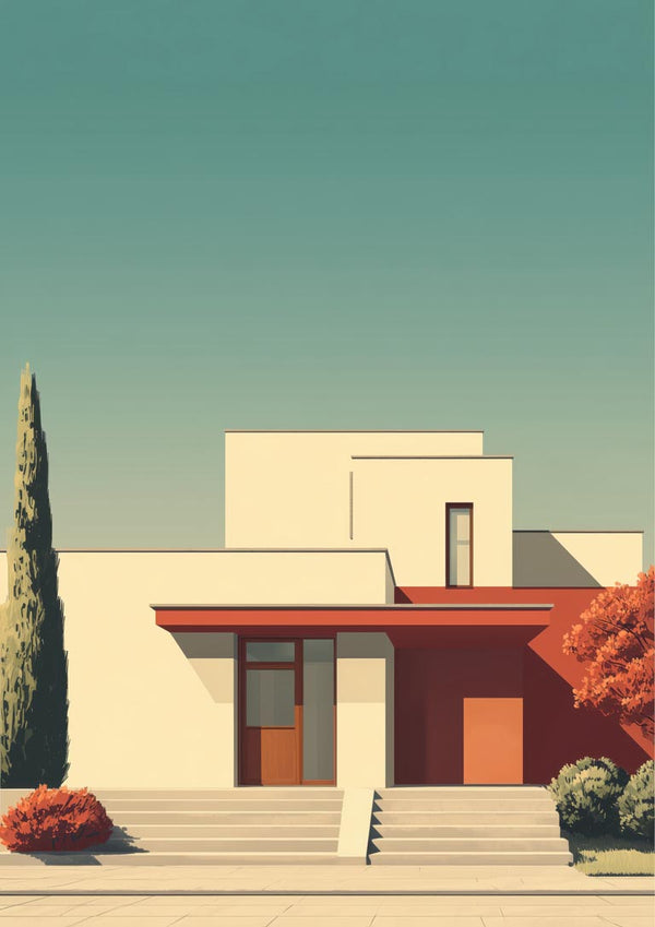 Minimalist modern house with geometric shapes, greenery, and clear sky; Floria Keys by David Wolf album cover.