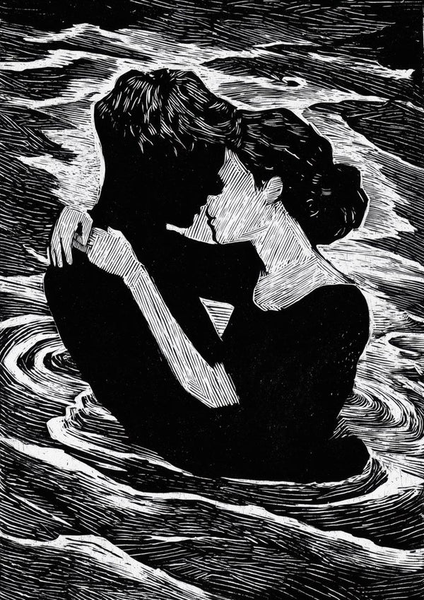 Black and white illustration of a couple embracing in water, featured on Silhuet Lovers by Martin Zen.