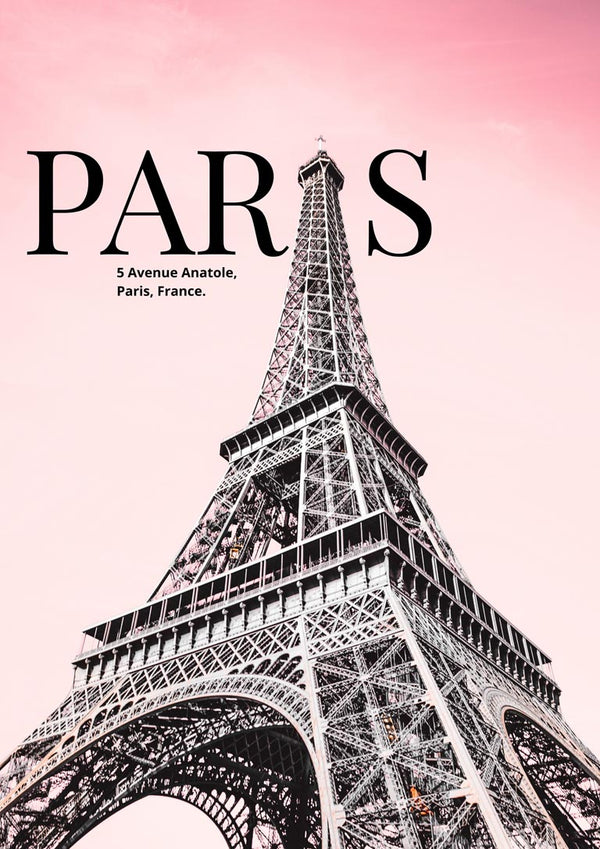 Artsy Eiffel Tower image with pink sky, bold "PARIS" text, and address for Paris Eiffel Tower.