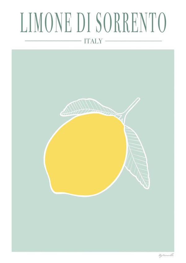 Minimalist illustration of a Sorrento lemon with "LIMONE DI SORRENTO ITALY" text, featured on Limone - ByKammille product page.