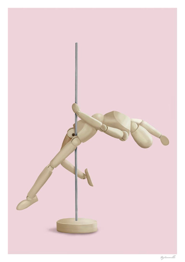 Wooden mannequin performing a pole dance move against a pink background. Product: Pole Dancer - ByKammille.