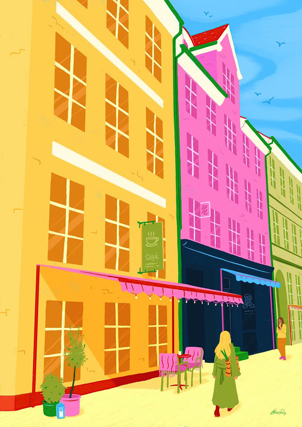 Colorful street scene with tall buildings, outdoor tables, and a person walking; art from Under Blue Sky by Nanna Paavig.