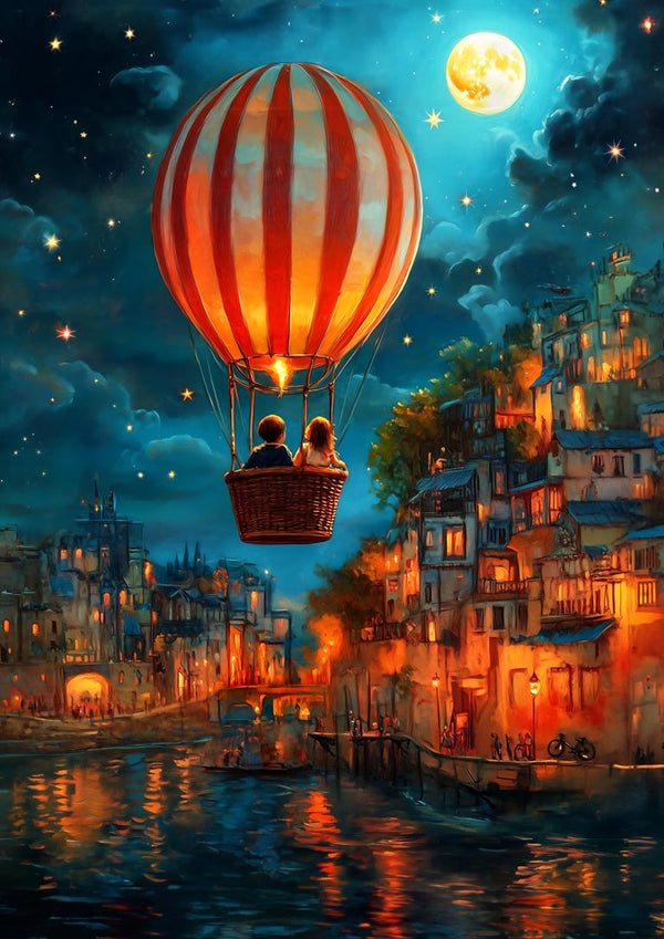 Two people in a hot air balloon float over a glowing riverside town under a starry night sky and full moon.