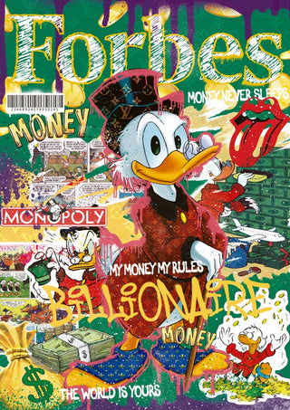 Colorful Forbes cover art featuring Scrooge McDuck surrounded by money, Monopoly imagery, and "Billionaire" text.