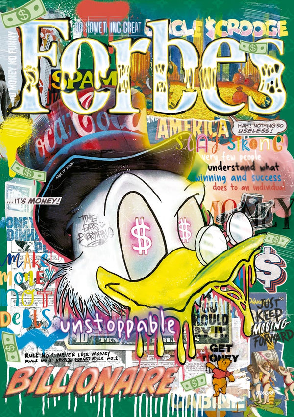 Colorful Forbes 2 - Ricardo Noble cover artwork featuring Scrooge McDuck, money symbols, and street art elements.