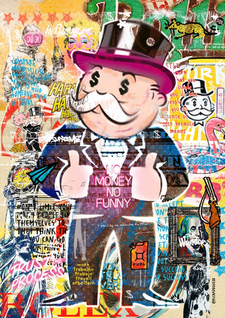 Colorful graffiti-style artwork of the Monopoly mascot with “No Money, No Funny” on his chest.