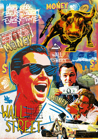 Colorful collage featuring Ricardo Noble, Wall Street bull, money symbols, and luxury car promoting Wolf of Wall Street 2.