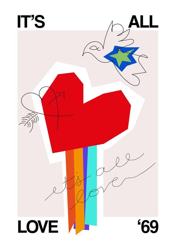 Abstract red heart with colorful stripes, dove carrying olive branch, and text: "It's All Love '69" on white background.