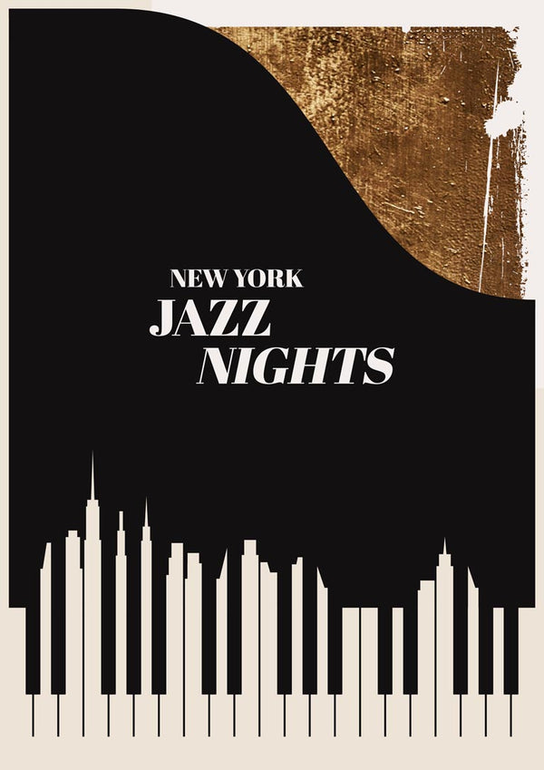 Abstract New York cityscape with gold accents and bold "Jazz Nights" text for the Jazz Nights - Kubistika product page.