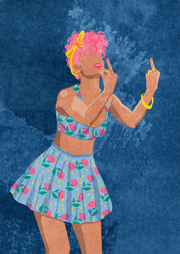 Illustration of a woman with pink hair in a floral outfit, raising both middle fingers; cover art for Not your girl.